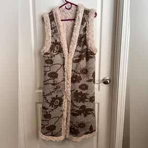 Free People long Reversible Faux Fur Vest / Gilet with Brocade Size M
